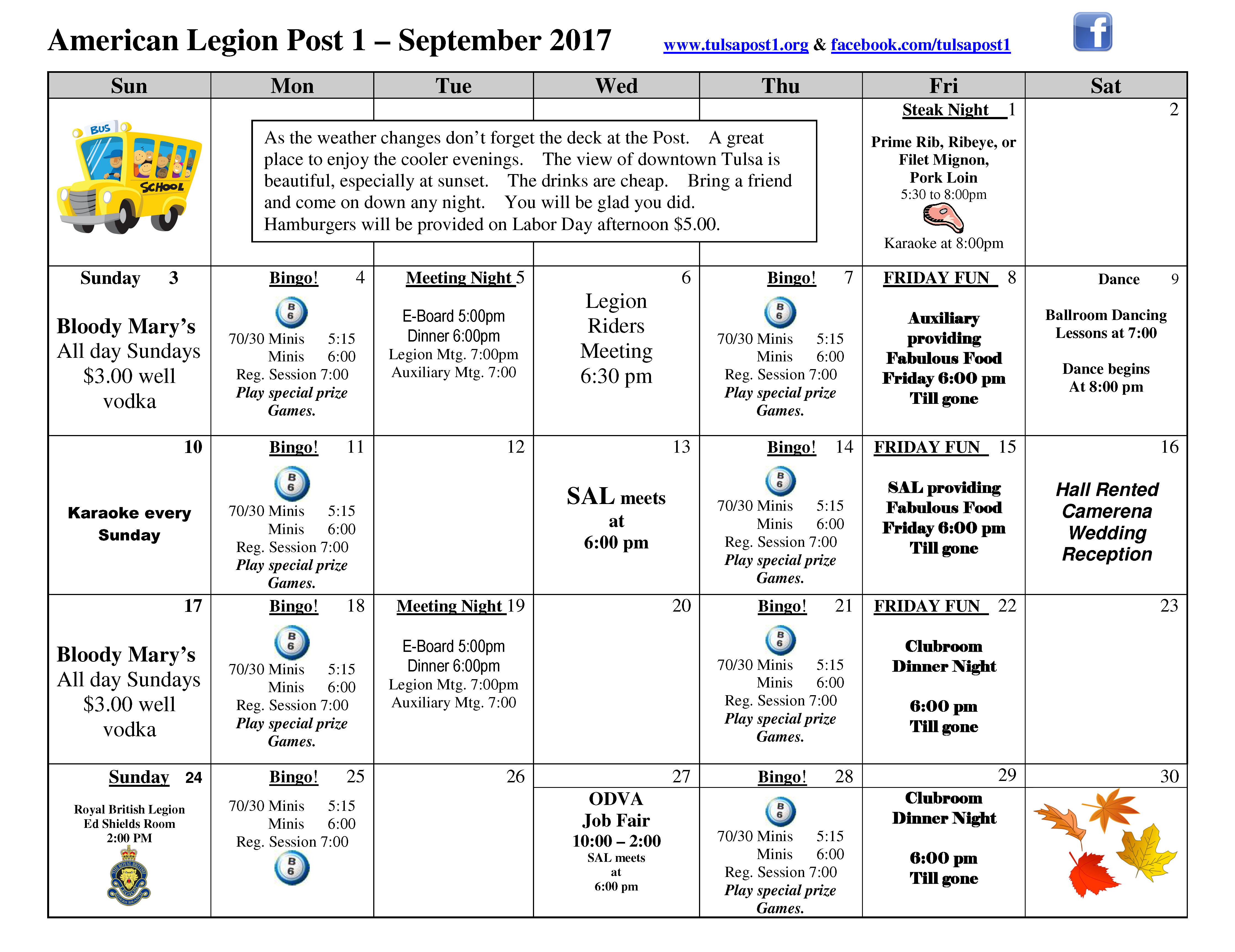 September Post Activities Calendar